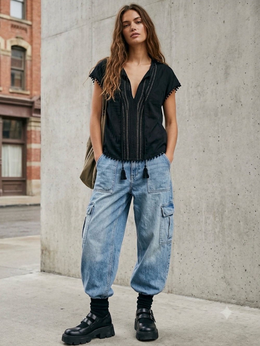 Zara Black Embellished V-Neck Boho Blouse with beading